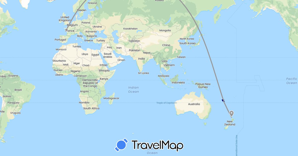 TravelMap itinerary: driving, plane in France, New Caledonia, New Zealand (Europe, Oceania)