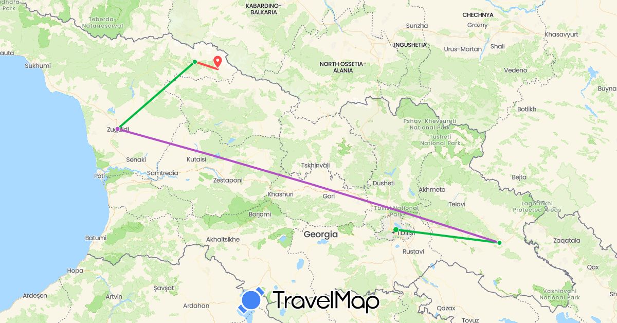 TravelMap itinerary: driving, bus, train, hiking in Georgia (Asia)